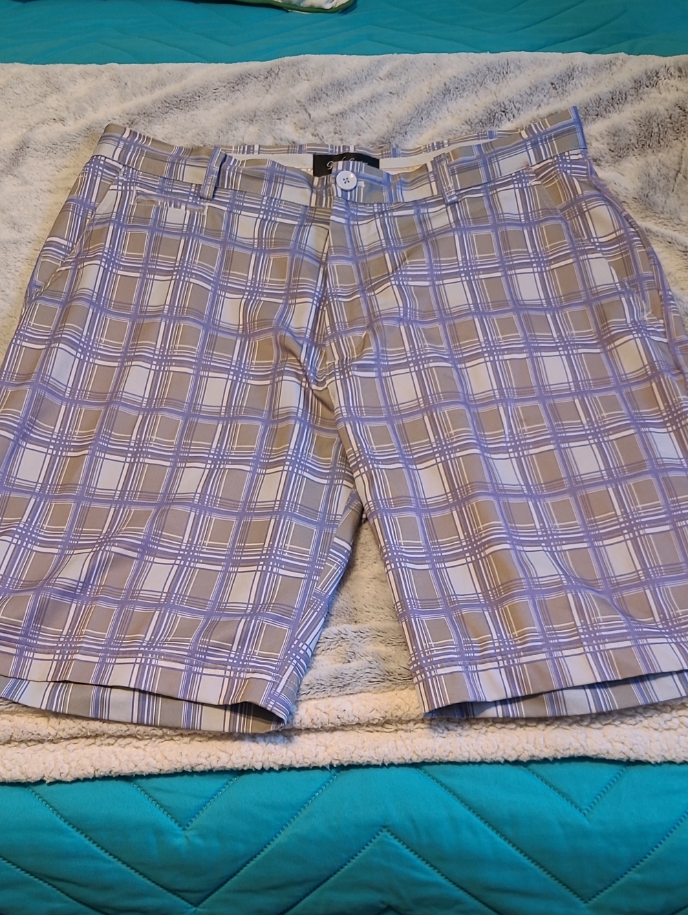 Men's Flat Front Plaid Golf Shorts in Taupe and Light Purple By Gordon Cooper